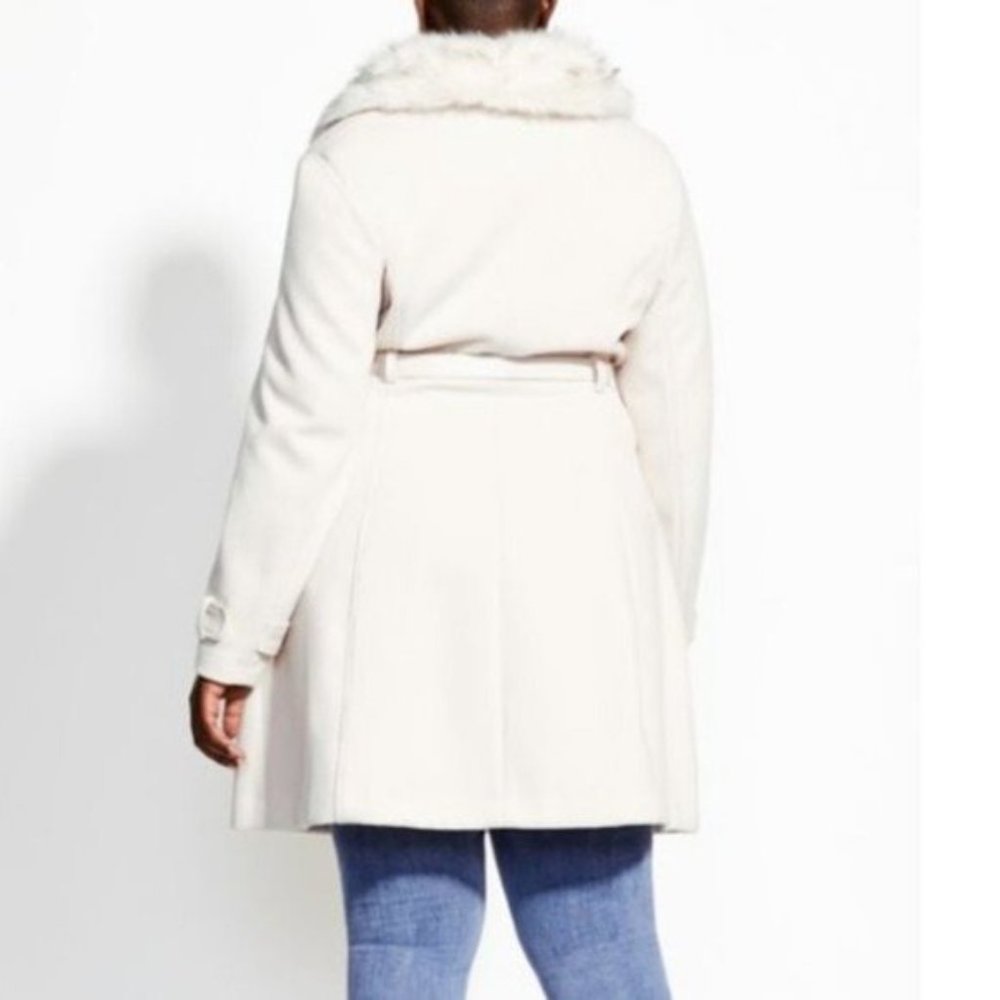City Chic Cream Color Faux Fur Belted Winter Coat - Picture 3 of 12